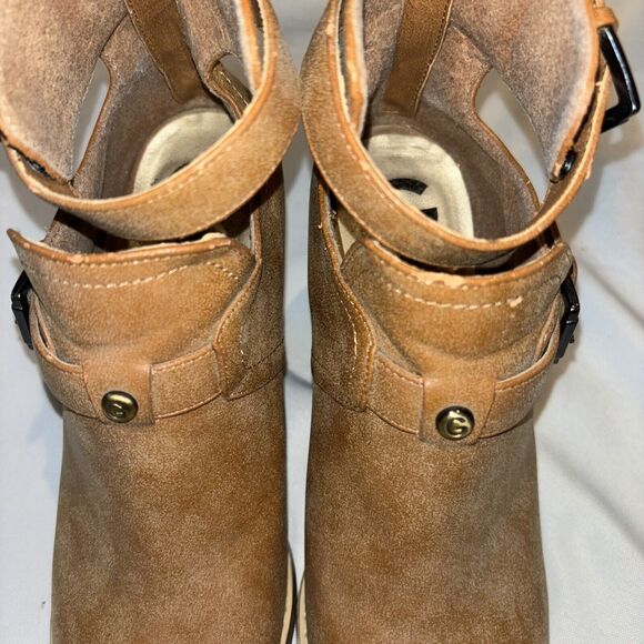 G by Guess camel Open Toe Bootie Block Heels Buckle Zip 9.5‎ Biker Cowgirl work - Picture 4 of 9